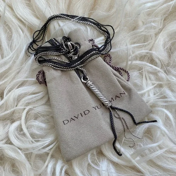 David Yurman Sterling Silver and Black Diamond Tassel Cable Chain Long Necklace - Picture 2 of 15
